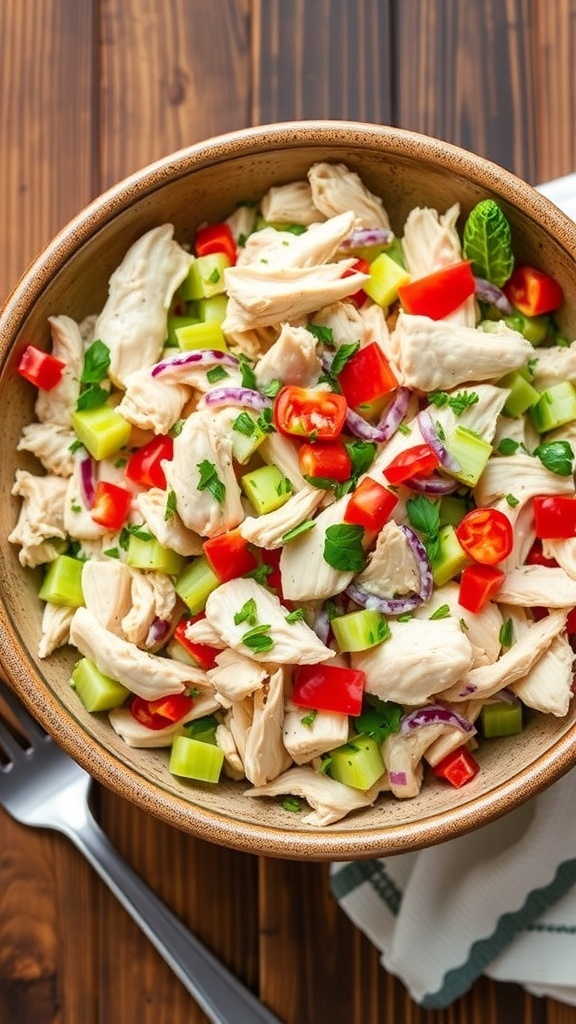 Healthy Low-Carb Chicken Salad Recipe A colorful low-carb chicken salad with chicken, celery, red bell pepper, and herbs in a bowl on a wooden table.